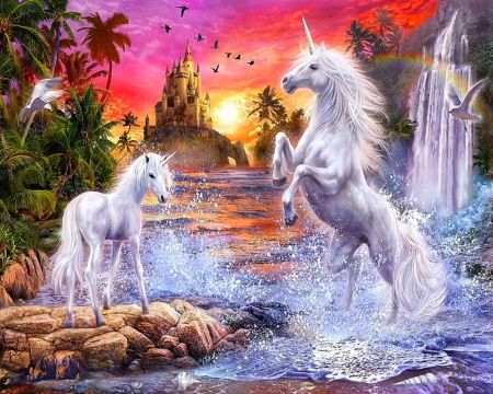 Unicorns in fantasy - Other & Abstract Background Wallpapers on ... Wallpaper Unicorn, Waterfall Wallpaper, Unicorn And Fairies, Unicorn Pictures, Ravensburger Puzzle, Fantasy Horses, Unicorn And Glitter, Unicorn Wallpaper, Horse Diy