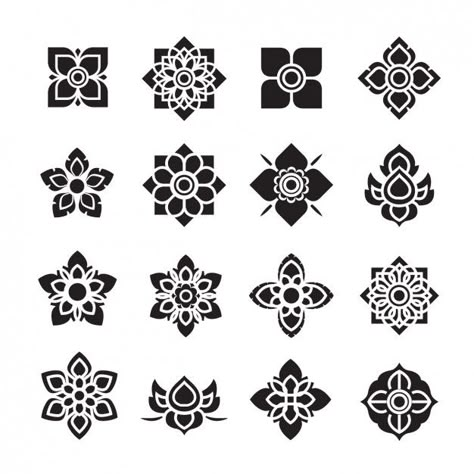 Black flowers icons collection Free Vect... | Free Vector #Freepik #freevector #abstract #flowers #icon #shapes Flower App Icon, Thai Ornament, Flowers Icon, Pink And White Background, Flower Pattern Drawing, Shapes Vector, Watercolor Flower Background, Thai Pattern, Flower Shapes