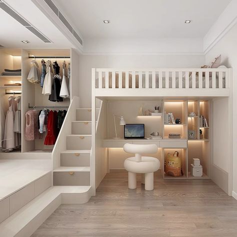 Stairs Inside Bedroom, Aesthetic Room Ideas Bunk Beds, Bedroom Ideas Bunkbeds, Bunkbed Bedroom Ideas, Girls Bunkbed Bedroom Ideas, Small Bedroom Style, Bedroom Layouts For Small Rooms, Bedroom Decoration Ideas, Loft Style Bedroom