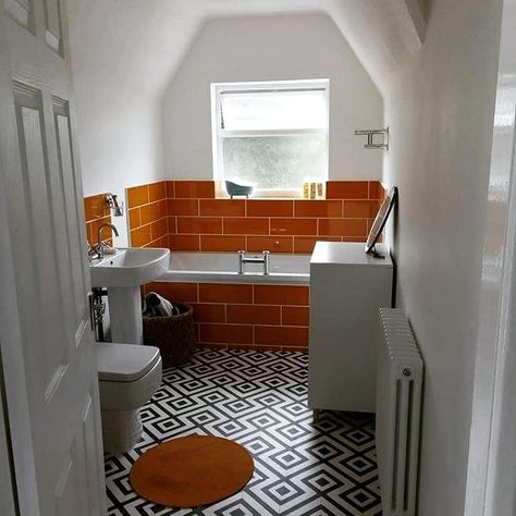 Orange Tiled Bathroom, Orange Bathroom Tiles, Orange Tile Bathroom, Orange Bathroom Ideas, Orange Bathroom Walls, Cottagecore Maximalist, Metro Tiles Bathroom, Large Shower Tile, Hexagon Tile Bathroom