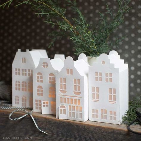 Papercut European Houses for Christmas Diy Christmas Village, Christmas Houses, Paper Christmas Decorations, Canal House, Glitter Houses, Make Paper, Holiday Crafts Christmas, Christmas Villages, Crafts Christmas