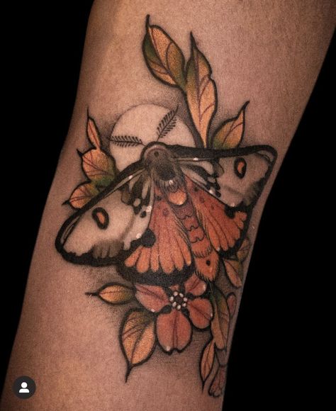 Brown Outline Tattoo, Neo Traditional Inner Bicep Tattoo, Neotrad Moth Tattoo, Moth Tattoos For Women Color, Brown Moth Tattoo, Neo Traditional Elbow Tattoo, Bug Tattoo Color, Moth Color Tattoo, Realistic Moth Tattoo