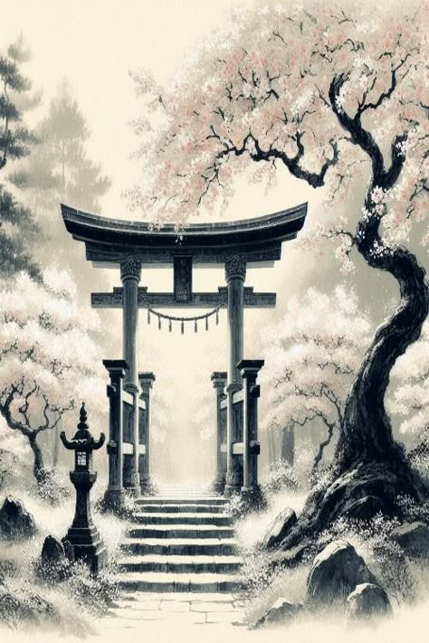 Torii Gate Blossoms Check more: https://paintlyx.com/torii-gate-blossoms/ Torri Gate Art, Japanese Pagoda Tattoo Design, Shinto Shrine Tattoo, Torii Gate Tattoo Design, Japanese Gate Tattoo, Japanese Shrine Tattoo, Asian Temple Tattoo, Tori Gate Tattoo, Torii Gate Tattoo