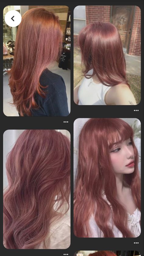 Mauve Red Hair, Cool Auburn Hair Color, Strawberry Chocolate Hair, Rose Milk Tea Hair Color, Red Long Hair With Bangs, Light Cherry Red Hair, Rose Milk Tea Hair, Hachi Hair Color, Hair Color Ideas Without Bleaching