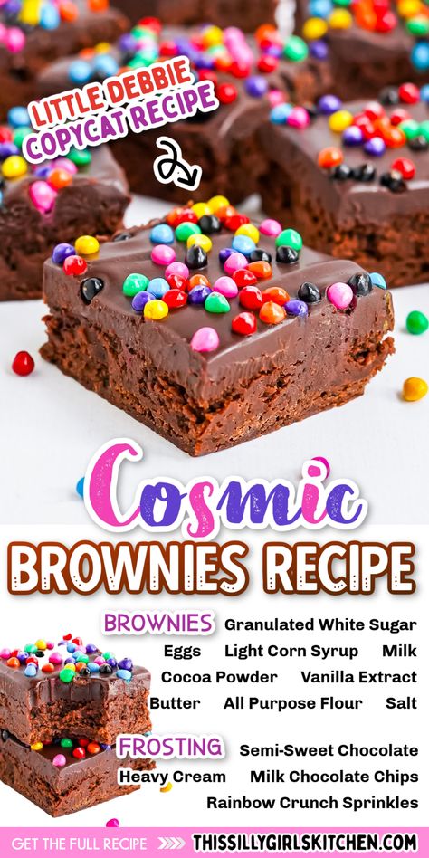 Little Debbie copycat cosmic brownies are fudgy sweets that are topped off with a rich chocolate icing then covered in adorable sprinkles. These brownies taste just like the Little Debbie cakes. Cosmic brownies are the most adorable dessert ever that you can serve after dinner or for a birthday party. If you're looking for a simple and delicious dessert that's a chocolate explosion, then this recipe is for you! Cosmic Brownie Recipe, Confetti Cake Cookies, Brownie Icing, Debbie Cakes, Cosmic Brownies, Little Debbie, Brownies Recipe Easy, Chocolate Icing, Brownie Recipe