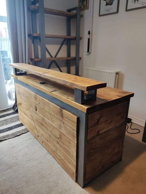 Retail Till Counter, Modern Checkout Counter, Modern Industrial Reception Desk, Farmhouse Reception Desk, Industrial Counter Design, Modern Industrial Salon, Shop Counter Design Modern, Industrial Style Reception, Diy Reception Desk