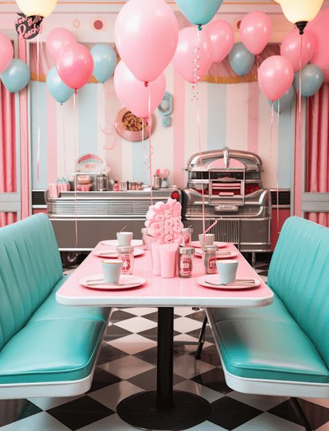 Sock Hop Party Ideas For Adults | Diner 1950s Parties Inspo | Now thats Peachy Retro Diner Party Theme, 50 Sock Hop Party Ideas, 50s Diner Birthday Party, 1950’s Party, 1950s Diner Party, 50s Party Ideas, Diner Birthday Party Ideas, Diner Theme Party, Sock Hop Party Ideas