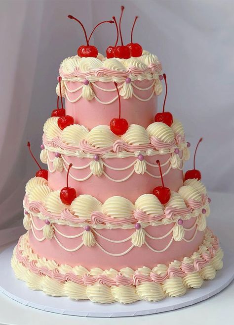 21. Pink Wedding Cake Looking for beautiful, vintage and mouth-watering cake ideas?  Think buttercream swirls, fluffy, charming, lace, basketweave and frills—Lambeth vintage cakes are... Bolo Rapunzel, Bolo Vintage, Vintage Birthday Cakes, Pink Wedding Cake, Pretty Dessert, Fake Cake, Pretty Birthday Cakes, Cute Birthday Cakes, Just Cakes