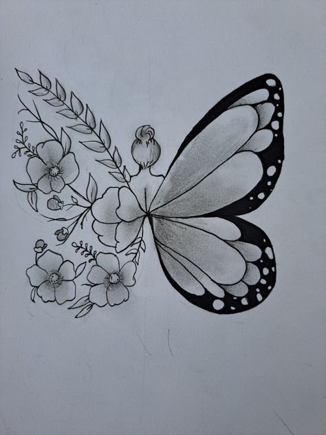 Fairy Flower Drawing, Fairy Drawing Ideas Easy, Fairy Sketch Simple, Small Fairy Drawing, Fairy Drawing Sketches, Fairy Drawings Easy, How To Draw A Butterfly, Butterfly Wings Drawing, Fairy Sketches