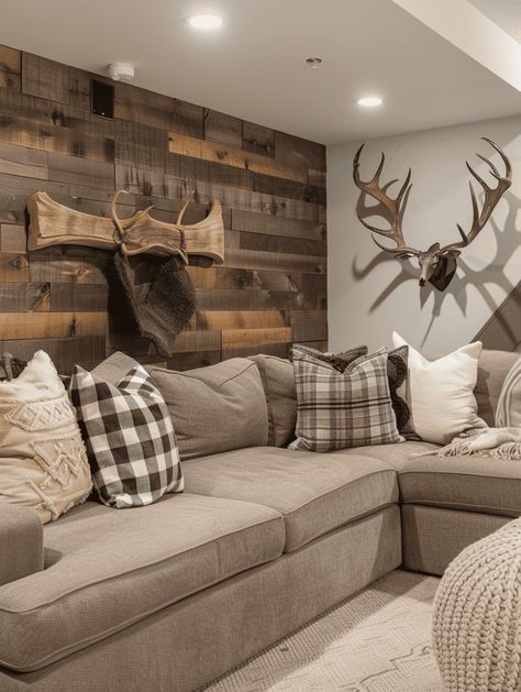 Basement Living Room Ideas Farmhouse, Country Basement Ideas, Hunting Lodge Basement Ideas, Country Theme Living Room Decor, Basement Family Room Ideas, Rustic Basement Bar, Cabin Theme, Cozy Basement, Rustic Basement