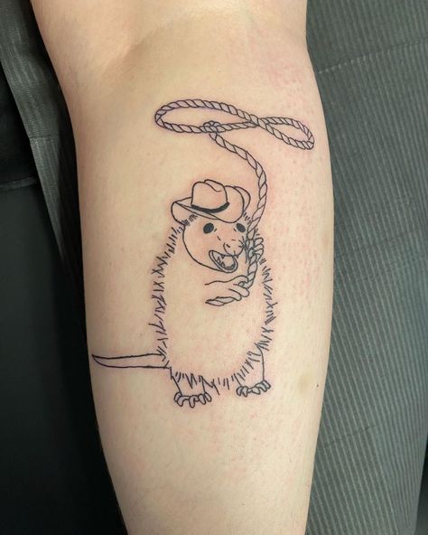 Yippee Ki-yay #cowboy #cowgirl #lasso #opossum #opossumtattoo #orlandoflorida #orlandotattooartist #collegeparkfl #ignoranttattoo #ignorant_tattoos #ignorantstyletattoo #orlandotattoos #derptattoo Tattoos For Weirdos, Cute Southern Tattoos, Rat Cowboy Tattoo, Funny Animal Tattoos Simple, Funny Cowboy Tattoo, Cowboy Lasso Tattoo, Spooky Neck Tattoo, Unhinged Tattoo, Cowboy Animal Tattoo