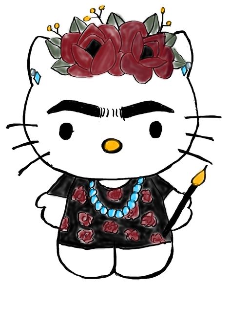 Frida Drawing, Drawing Ideas Hello Kitty, Frida Kahlo Easy Drawing, Drawing Frida Kahlo, Frida Kahlo Background, Hello Kitty Mexican, Mexican Hello Kitty, Frida Khalo Inspired Art, Cartoon Frida Kahlo