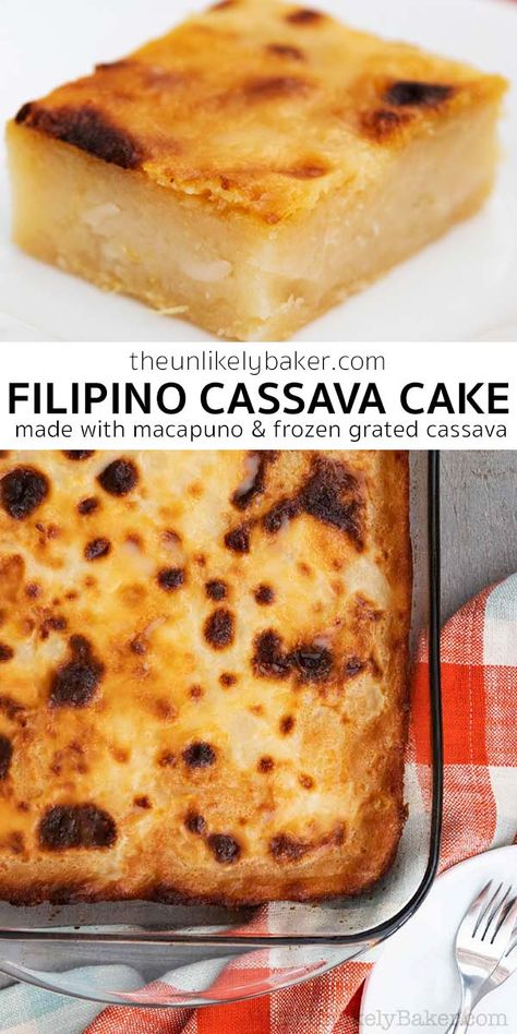 Easy Cassava Cake Recipe, Cassava Recipes Filipino Desserts, Cassava Cake With Macapuno, Casava Cake Recipe Filipino Food, Cassava Bibingka Recipe, Cassava Cake Filipino, Cassava Dessert, Macapuno Recipe, Filipino Christmas Food