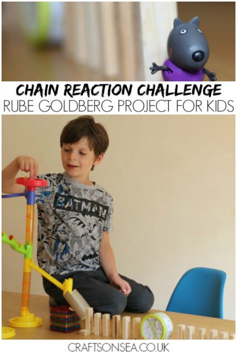 Simple Rube Goldberg machine ideas for kids - this easy chain reaction challenge has got my son fascinated by engineering! What will your kids make? #kidsactivities #stem Chain Reactions For Kids, Rube Goldberg Projects For Kids Easy, Goldberg Machine Ideas, Rube Goldberg Projects For Kids, Rub Goldberg Machine Ideas, Rube Goldberg Machine Ideas Simple, Chain Reaction Stem Challenge, Rube Goldberg Machine Ideas, Easy Rube Goldberg Machine