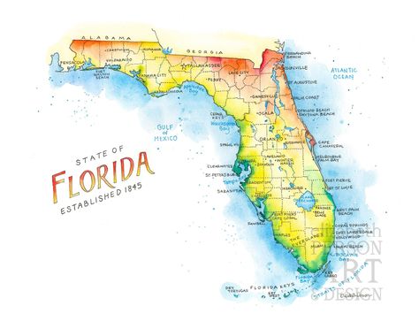 Florida State Map Watercolor Art Print - 18x24. #beautiful #art #draw #digitalart #gallery #illustration #paint #drawing #abstract #color #popart #watercolor #artworks #galleryart #graphicart Material Drawing, Vacation Map, Florida State Map, Oregon Mountains, Key Largo Florida, Business Major, Map Watercolor, Florida Map, Japan Map