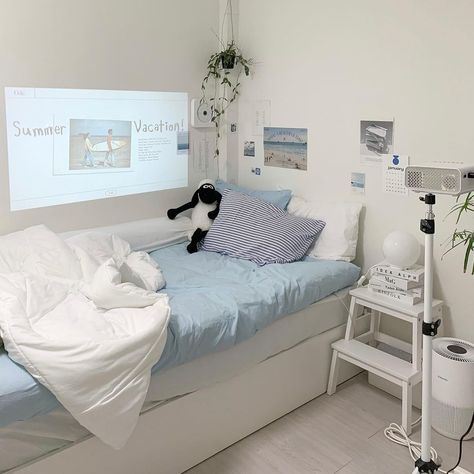 bedroom decor, bedroom ideas, #bedroom, thanksgiving, Christmas, minimalistic bedroom, anime bedroom Blue Ideas Bedroom, Blue Minimalist Room, Room Inspiration Blue, Bedroom Layouts For Small Rooms, Ocean Room Decor, Small Room Makeover, Room Redesign, Study Room Decor, Small Room Design