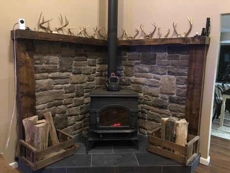 Wood Burner Stove Ideas, Wood Stove Surround Corner Mantle, Wall Behind Woodstove, Stone Wood Stove, Pellet Stove Mantle, Wood Stove Fire Proof Surround Corner, Wood Stove Surround Corner, Wood Stove Surround Corner Stone Walls, Wood Stove Surround Corner Galvanized