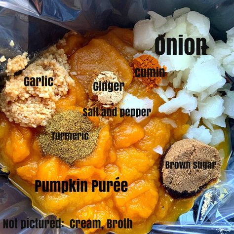 Pumpkin Soup Recipe Easy Crockpot, Slow Cooker Pureed Soup, Vegan Pumpkin Stew, Crockpot Pumpkin Soup Recipes, Pumpkin Crock Pot Recipes, Crock Pot Pumpkin Soup, Baked Pumpkin Soup, Pumpkin Puree Soup Recipe, Halloween Slow Cooker Recipes