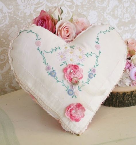 Cushion Vintage Ring Bearer Pillow, Quilted Hearts, Shabby Chic Hearts, Owl Embroidery, Crocheted Doilies, Shabby Chic Pillows, Fabric Hearts, Redwork Embroidery, Luxurious Wedding