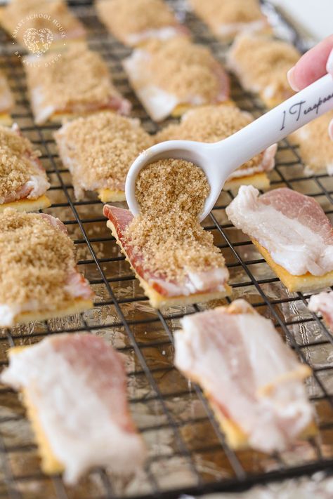 Putting brown sugar on bacon and Club crackers Bacon Snacks Easy, Crackers And Bacon Appetizers, Bacon And Crackers, Cracker And Bacon Appetizer, Bacon On A Cracker, Bacon On Club Crackers, Club Cracker Bacon Appetizer, Small Relish Tray Ideas, Candied Bacon Crackers With Parmesan