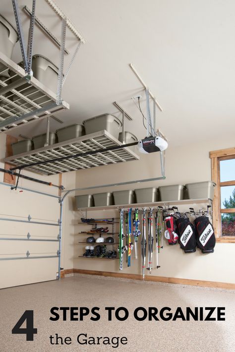 An organized garage doesn't have to be so far away. Follow these 4 steps to get your garage in tip-top shape. Organized Garage, Garage Storage Inspiration, Garage Organization Tips, Garage Organisation, Garage Workshop Organization, Overhead Garage Storage, Garage Renovation, Garage Storage Shelves, Overhead Garage