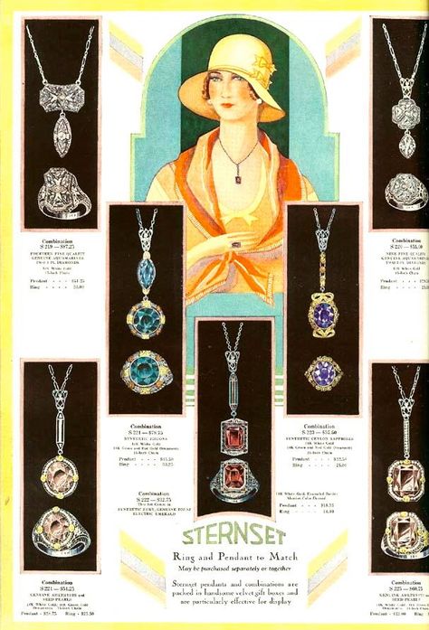 How gorgeous are these Art Deco filigree ring & necklace sets by Sternset? Fantastic period ad, circa 1930. Flapper Fashion, Filigree Bangle, Jewellery Advertising, Bijoux Art Deco, Silversmithing Jewelry, Art Deco Filigree, Jewelry Magazine, Period Dress, 1920s Vintage