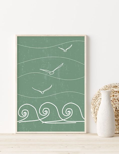 Line Art Waves, Beach Line Art, Ocean Line Art, Sage Green Art, Minimal Landscape, Ocean Illustration, Nature Poster, Minimal Painting, Birds Print