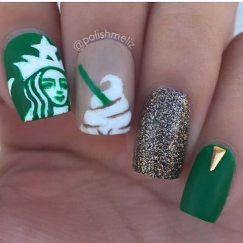 Starbucks nails Starbucks Nails Designs, Starbucks Inspired Nails, Starbucks Nail Art, Starbucks And Nails Aesthetic, Starbucks Aesthetic Phone Case, Starbucks Iphone Case, Starbucks Earrings, Starbucks Nails, Starbucks Outfit