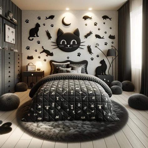 Cat Themed Room Decor, Cat Theme Room, Black Themed Bedroom, Cat Bedroom Ideas, Cat Themed Furniture, Cat Themed Bedroom, Black Bedroom Sets, Creative Design Furniture, Cat Bedroom