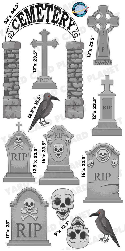 Bring some classic horror to your yard this Halloween with our spooky Halloween Cemetery Gravestones Yard Card Flair Set. Use the Cemetery Entrance Arch as a centerpiece for your guests to have their photo taken with the yard sign. This set makes a great addition to any lawn sign display and can easily be customized by adding a greeting and other flair pieces as part of the yard card setup. You will receive 12 lawn signs, professionally printed, precision cut and ready to stake in various sizes Gravestone Halloween Decorations, Cemetery Front Yard Halloween, Halloween Window Decorations Ideas, Cute Gravestones, Sign Post Tattoo, Tombstone Place Cards, Grave Stones Ideas Halloween, Funny Tombstones Halloween, Cardboard Gravestone