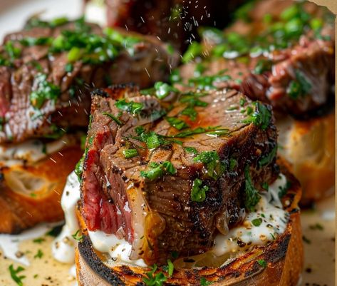 Juicy Steak Bites with Garlic Bread and Tangy Horseradish Cream Steak Bites On Garlic Bread, Garlic Bread Steak Bites With Horseradish Cream, Garlic Bread Steak Bites, Creamy Garlic Butter Steak Bites, "garlic Butter Steak Bites With Parmesan Cream Sauce, Juicy Steak Bites, Steak Crostini Horseradish, Different Cuts Of Steak, Breaded Steak