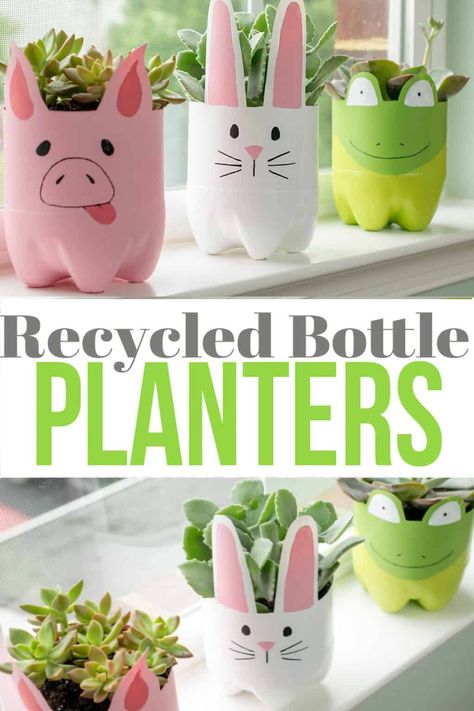 DIY plastic bottle planters are perfect for a cactus or succulent. Create a set of these self-watering planters for a Spring display. Kid-friendly craft for anyone young at heart. Diy Plastic Bottle Planters, Bottle Planters, Creative Upcycling, Plastic Bottle Planter, Spring Display, Cactus Craft, Diy Plastic Bottle, Kid Friendly Crafts, Animal Planters