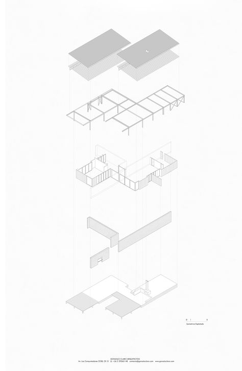 Image 11 of 18 from gallery of Tierras Blancas House / Gonzalo Claro. Exploded Isometric Exploded Isometric, Tectonic Architecture, Technical Architecture, Sectional Perspective, Structural Model, Landscape Architecture Graphics, Axonometric Drawing, Urban Design Graphics, Structural Drawing