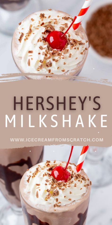 This simple Hershey's Milkshake contains just 3 ingredients and comes together in only 5 minutes. It's the perfect milkshake for birthday parties or family game night. Save this to your ice cream recipes board to make again. Shake Recipes Ice Cream, Hersheys Milkshake, Fancy Milkshakes, Summer Milkshakes, Yummy Milkshakes, Brownie Milkshake Recipes, Ice Cream Milkshake Recipe, Delicious Milkshakes, Ice Cream From Scratch