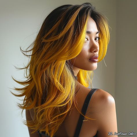 45 Fall Hair Colors to Fall in Love with This Season! Sunshine Yellow Hair, Yellow Hair Dye, Cinnamon Balayage, Hair Colors To Try, Yellow Hair Color, Yellow Highlights, Sunset Hair, Yellow Ombre, Orange Ombre