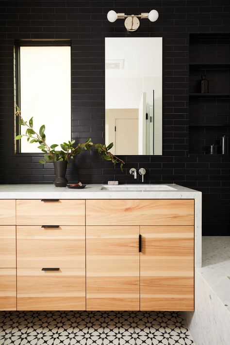 Home Design Black, Black Marble Tile, Custom Bookshelves, Emily Henderson, Herringbone Tile, Black Tiles, Bathroom Backsplash, Grout Color, Floating Vanity