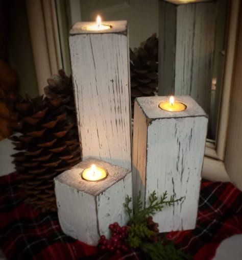 4x4 Wood Crafts, Wood Projects For Beginners, Handcrafted Gifts, Wooden Candle, Wooden Candle Holders, Wood Candle Holders, Christmas Wood Crafts, White Farmhouse, Wood Candles