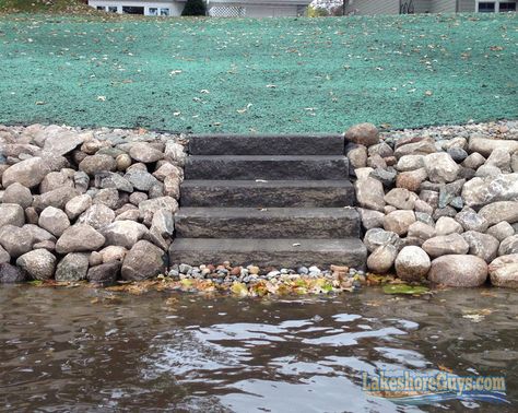 stairs in riprap rock for seawall Stairs To Lake Ideas, Lake Retaining Wall Ideas, Seawall Ideas Lake Retaining Walls, Seawall Landscaping, Lake Front Landscaping, Shoreline Ideas, Flagstone Steps, Dock Ideas, Lake Landscaping