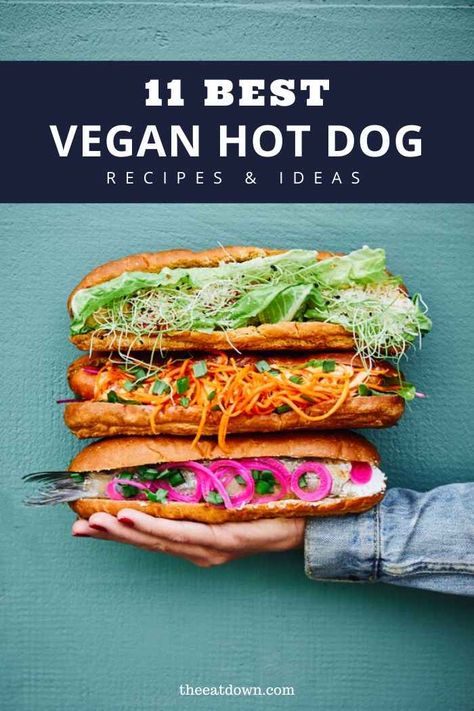 Check out these best vegan hot dog recipes. Including vegan carrot dogs, lentil hot dogs, and vegan chili dogs. Includes ideas for meat-free hot dog toppings, as well as vegan mayo, and other sauces! Baked Hot Dogs, Vegan Hot Dog, Carrot Dogs, Hot Dog Toppings, Vegan Chili, Hot Dog Recipes, Vegan Sausage, Vegetarian Chili, Dog Recipes