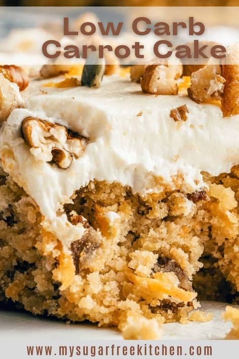 This Low Carb Carrot Cake is sugar free, yet sweet and moist with lots of warming spices, nuts and a lush creamy frosting Keto Carrot Cake, Low Carb Carrot Cake, Keto Cupcakes, Smores Dessert, Pudding Chia, Diy Dessert, Carrot Cake With Cream Cheese, Coconut Dessert, Postre Keto