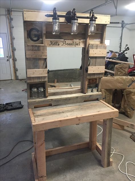 Pallet makeup vanity. Built with pallet boards Pallet Vanity, Pallet Makeup, Wood Makeup Vanity, Diy Vanity Mirror, Diy Makeup Vanity, Farmhouse Vanity, Pallet Boards, Wooden Pallet Furniture, Diy Vanity