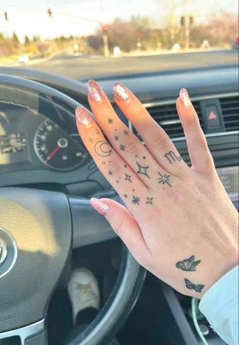 Butterfly Hand Tattoo, Finger Tattoo For Women, Finger Tats, Scorpio Tattoo, Hand And Finger Tattoos, Flower Wrist Tattoos, Pretty Hand Tattoos, Mushroom Tattoos, Hand Finger