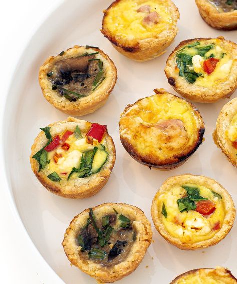 Mini Quiche Recipe (3 Ways!) - Chef Savvy Brie Bites Puff Pastry, Mini Quiche Recipe, Quiche Breakfast, Breakfast Mini, Crostini Toppings, Butter Pie Crust, Mini Quiche Recipes, Chef Savvy, Buttery Pie Crust