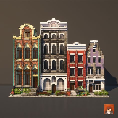 This is a row of houses that are inspired by the houses in Amsterdam. The texture pack I use is 'Stay True' and shaders 'complementary shaders' #Minecraft #MinecraftBuilds #MinecraftHouse #minecraftbuildingideas #Victorian #MinecraftBase #fantasy #amsterdam Amsterdam Row Houses, Minecraft Classic House, New Orleans Minecraft, Minecraft Amsterdam House, Minecraft Amsterdam, Minecraft Row Houses, Minecraft Tropical Island, Minecraft Brownstone, Minecraft Stacked Houses