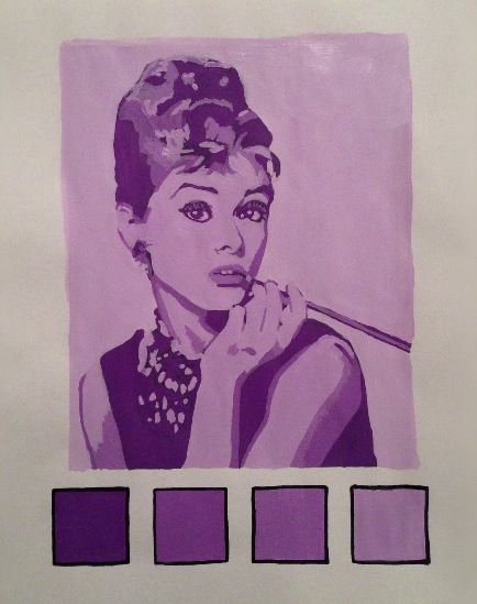 Audrey Hepburn monochromatic painting Value Painting Monochromatic, Monochromatic Painting Watercolors, Purple Monochromatic Painting, Monochromatic Painting Portraits, Monochromatic Painting Ideas Monochrome, Monochrome Portrait Painting, Monochrome Art Painting, Monochromatic Painting Ideas, Monochromatic Portrait