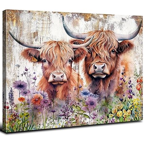 Highland Cow Wall Art, Artwork Kitchen, Cow Wall Art, Living Room Nursery, Pictures For Living Room, Painting Watercolor, Kitchen Home, Highland Cow, Cow