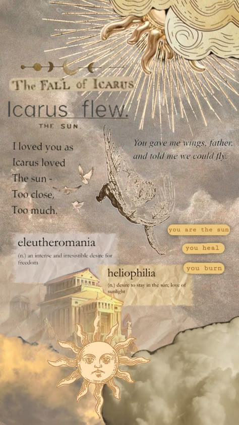 #icarus #icarusandthesun #yellow #greekmythology #ancientgreece #greece #aesthetic #paper #sun #icarusfalls #helios #apollo Helios Aesthetic Sun, Icarus And The Sun Aesthetic, Icarus Apollo Helios, Icarus And Helios, Icarus X Helios, Icarus Aesthetic Wallpaper, Icarus And Apollo Fanart, Apollo Wallpaper Aesthetic, Icarus Falls Aesthetic