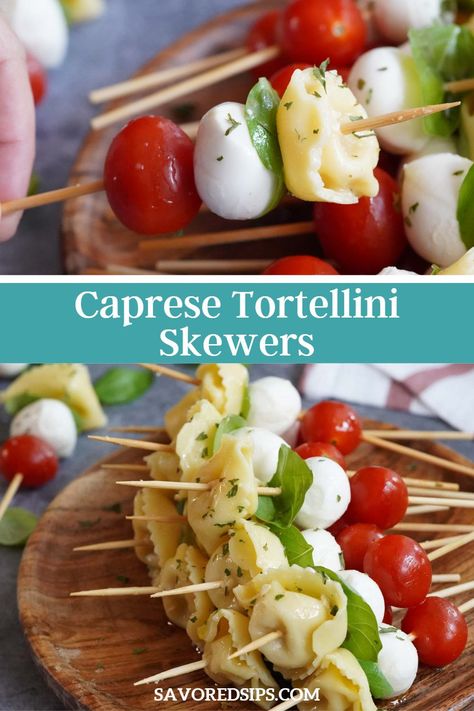 Bocconcini Skewers Appetizers, Tortellini On A Stick, Strawberry Caprese Skewers, Mozzarella Caprese Skewers, Cheese Tortellini Appetizer Recipes, Tortellini Mozzarella Tomato Skewers, Cherry Tomato Skewers, Caprese Skewers With Tortellini, Caprese Sticks Tomato Mozzarella