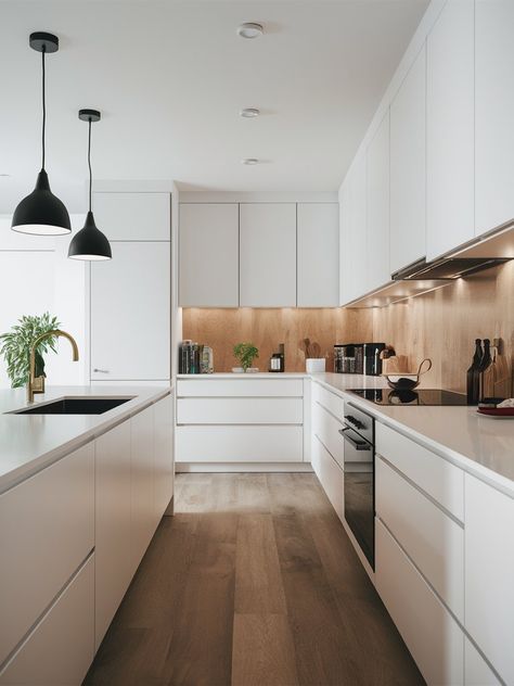 25 Minimalist White Kitchen Cabinets to Get Super Sleek Inspiration White Minimalist Kitchen Modern, Sleek White Kitchen, Minimalist White Kitchen, White Kitchen Handleless, Modern White Gloss Kitchen, Minimal White Kitchen, Modern Contemporary Kitchen Design, White Contemporary Kitchen, Contemporary White Kitchen