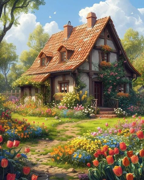 Fantasy Cottage Art, Cottage Concept Art, Relaxing View, Cottage Illustration, Fantasy Cottage, Fairy Tale Cottage, German Houses, Log Cabin Rustic, Forest Cottage